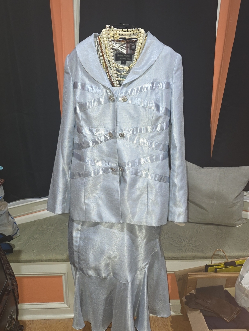 George Simonton Silver Light Blue Satin Skirt Suit